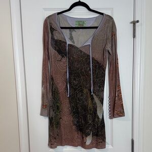 Butter Multicolor Peacock Print dress with button sleeve detail